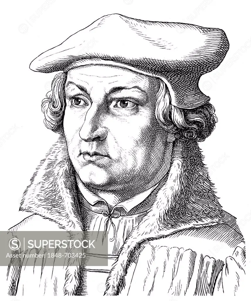 Historical drawing from the 19th Century, portrait, Justus Jonas the Elder, 1493 - 1555, a German jurist, humanist, Lutheran theologian and reformer