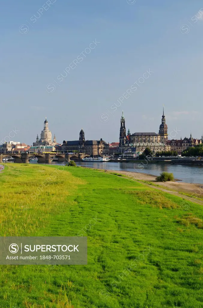 The historic part of the city, situated on the river Elbe, seen from Marienbruecke bridge, Dresden, Saxony, Germany, Europe