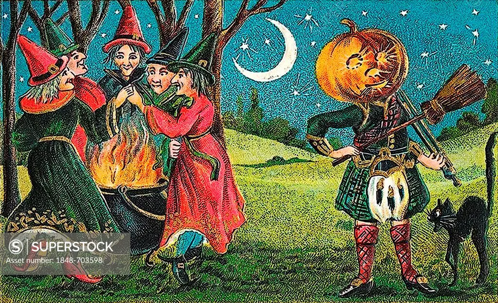 Witches at a cauldron with a fire, pumpkin figure playing the fiddle with a broom, black cat, Halloween, illustration
