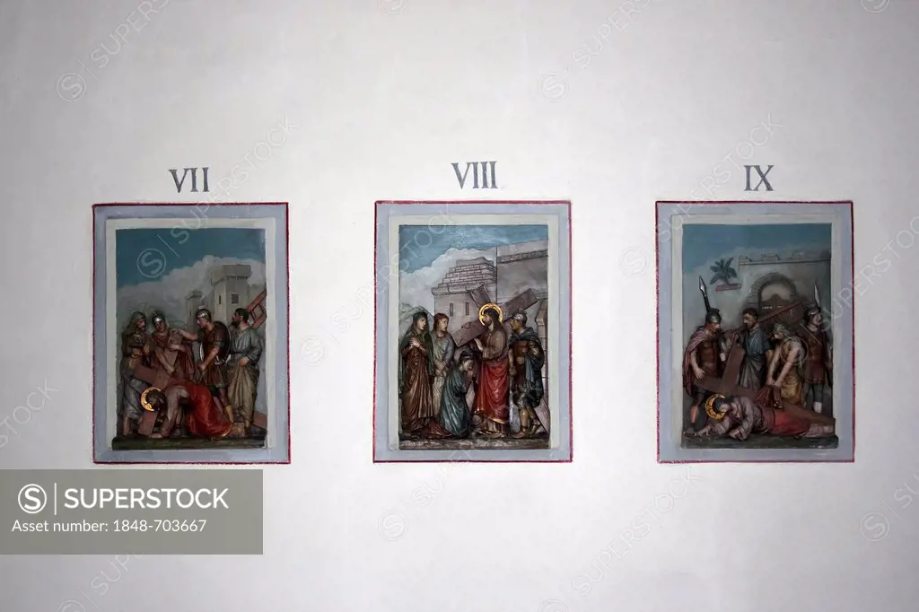 Paintings from the Stations of the Cross VII-IX, Mutter-Rosa Chapel, Oberwesel, Rhineland-Palatinate, Germany, Europe