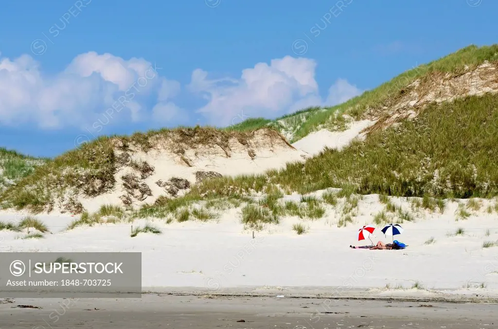 Tourists lying beneath sunshades, dunes at the Kniepsand beach, Amrum Island, Nordfriesland, North Frisia, Schleswig-Holstein, Germany, Europe