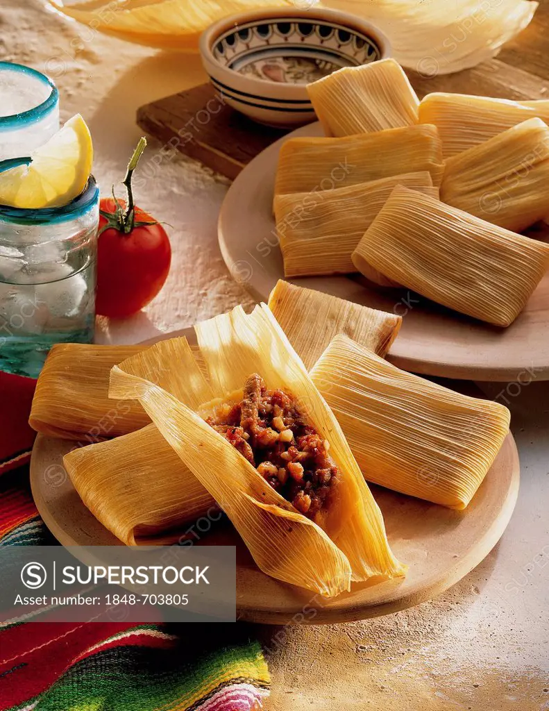 Tamales, sweetcorn parcels, dough of sweetcorn flower with spicy chopped pork, Mexico