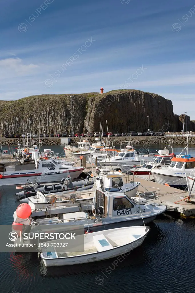 Boats in the port of Stykkishólmur, Iceland, Northern Europe, Europe