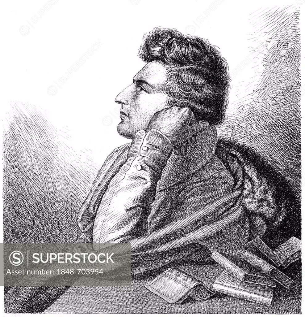 Historical illustration from the 19th century, portrait of Christian Johann Heinrich Heine, 1797 - 1856, a German poet, writer and journalist