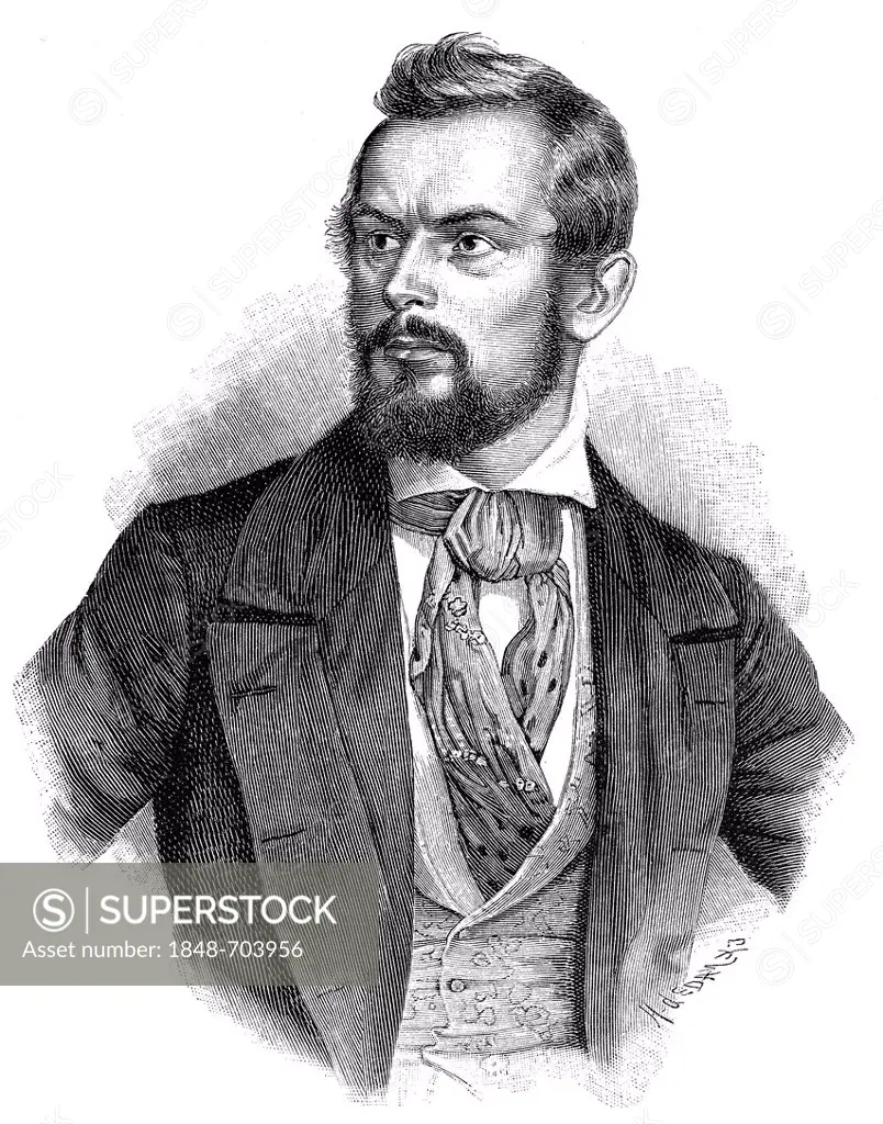 Historical illustration from the 19th century, portrait of Carl Friedrich Wilhelm Jordan, 1819 - 1904, a German writer and politician