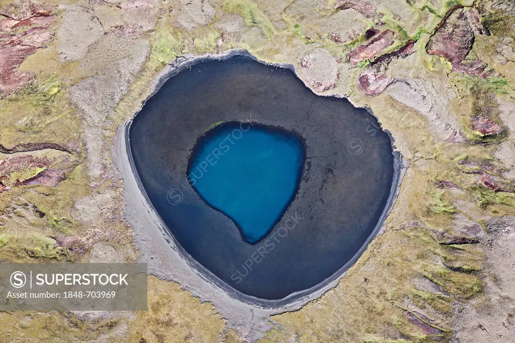 Aerial view, a blue crater lake surrounded by moss-covered mountains, southern coast of Iceland, Iceland, Europe