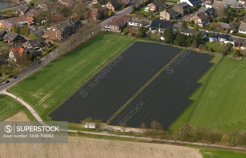 Aerial view, field of solar panels, Schermbeck, Muensterland, North Rhine-Westphalia, Germany, Europe