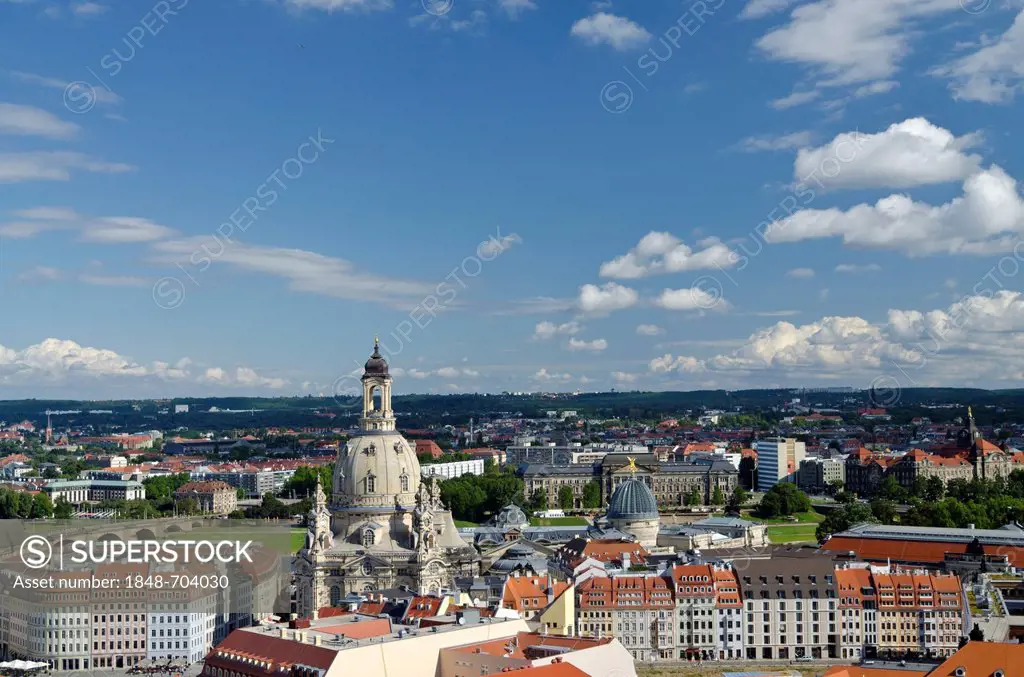 View from Rathausturm city hall tower on Altmarkt with Kreuzkirche church, Dresden, Saxony, Germany, Europe