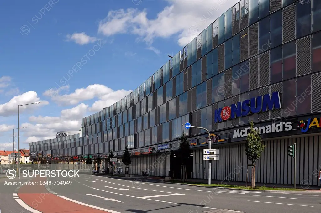 Modern facade of Erlangen Arcaden, shopping centre, Erlangen, Middle Franconia, Bavaria, Germany, Europe