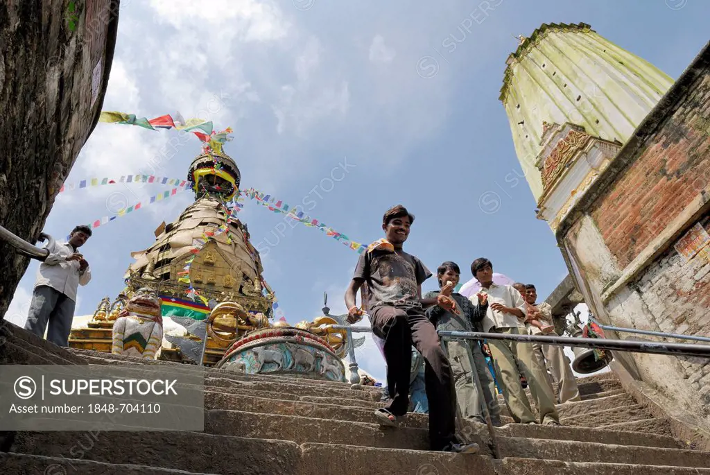 Nepalese people on stairs, Swayambhunath temple, Kathmandu, Nepal, Asia