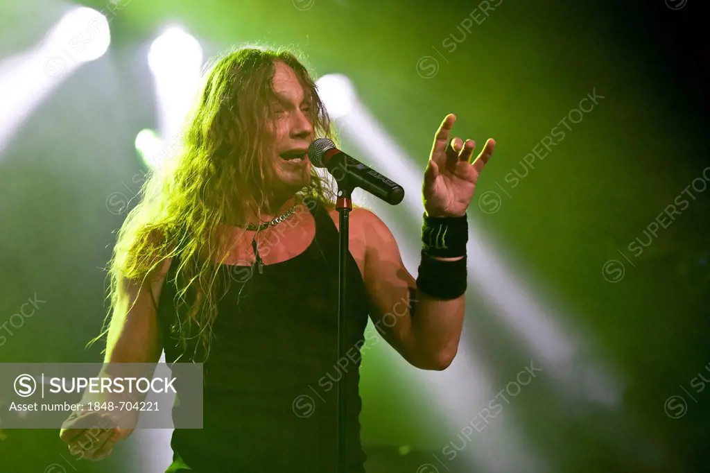 Dale, singer and frontman of the U.S. heavy metal band Crimes of Passion, performing live at the Schueuer in Lucerne, Switzerland, Europe