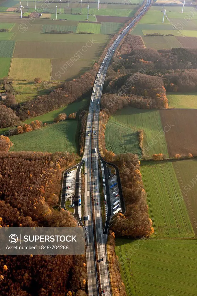 Aerial view, A44 motorway, Siddinghausen motorway resting spot, Unna, Ruhr area, North Rhine-Westphalia, Germany, Europe