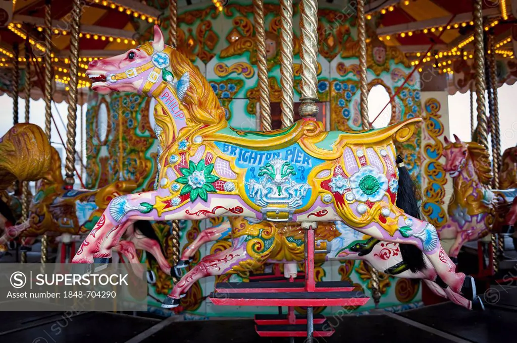 Carousel horse on an old carousel, seaside resort of Brighton, Brighton Pier, England, United Kingdom, Europe