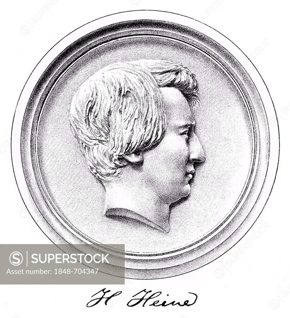 Historical print, 1851, portrait of Christian Johann Heinrich Heine, 1797 - 1856, a German poet, writer and journalist, from Bildatlas zur Geschichte ...
