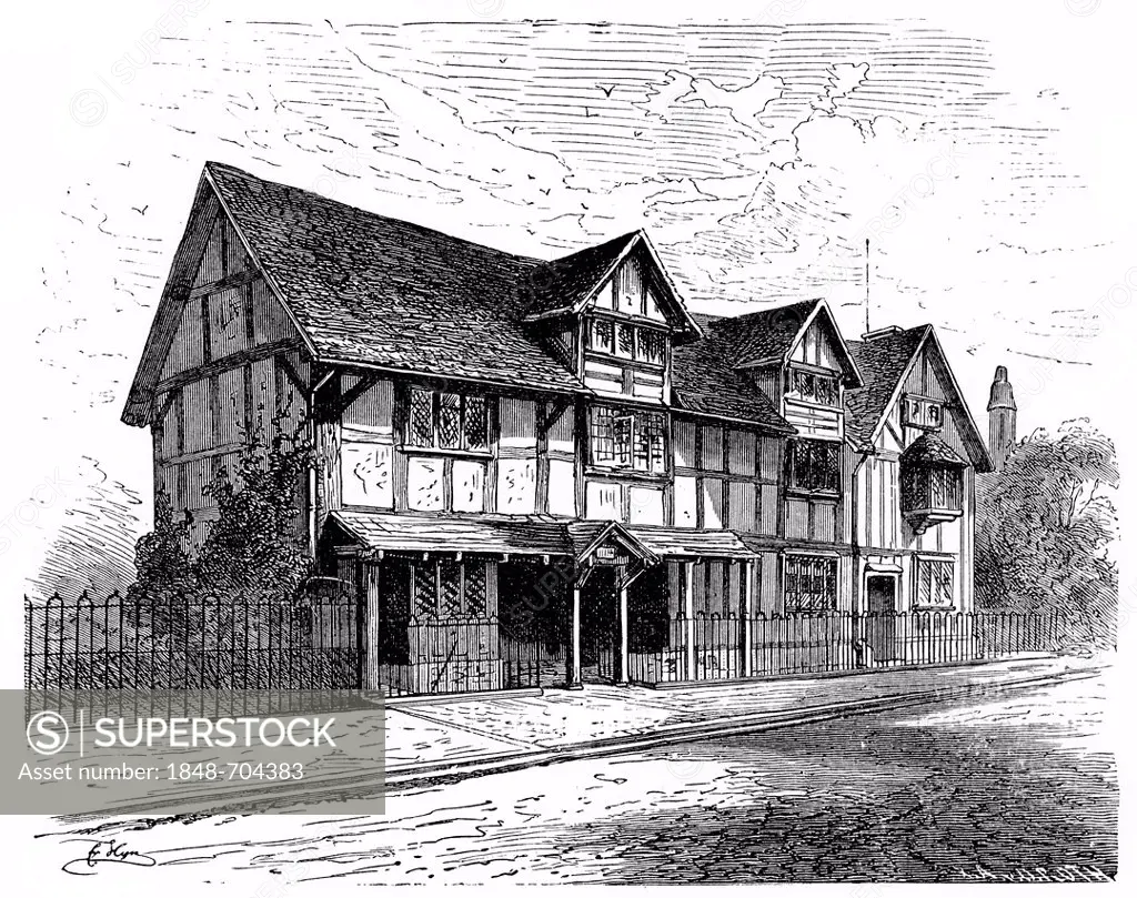 Historical engraving from the 19th Century, birthplace of William Shakespeare, 1564-1616, English playwright, poet and actor, Stratford-upon-Avon, Eng...
