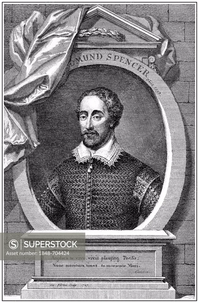 Historical print from the 19th century, portrait of Edmund Spenser, ca. 1552 - 1599, an English poet, an influence of William Shakespeare