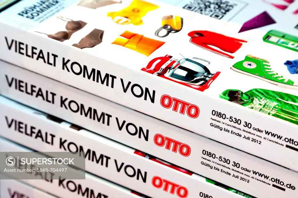 Otto catalogue, stacked catalogues of the mail order company Otto, at the computer fair CeBIT 2012, Hanover, Lower Saxony, Germany, Europe