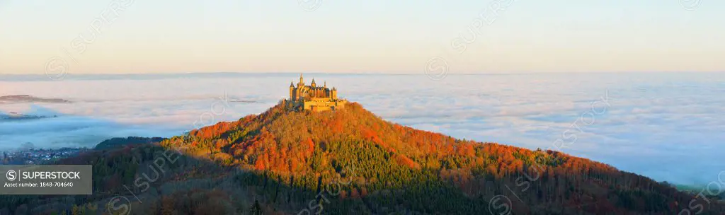 Burg Hohenzollern castle, autumn, in the morning, Swabian Alb, Baden-Wuerttemberg, Germany, Europe