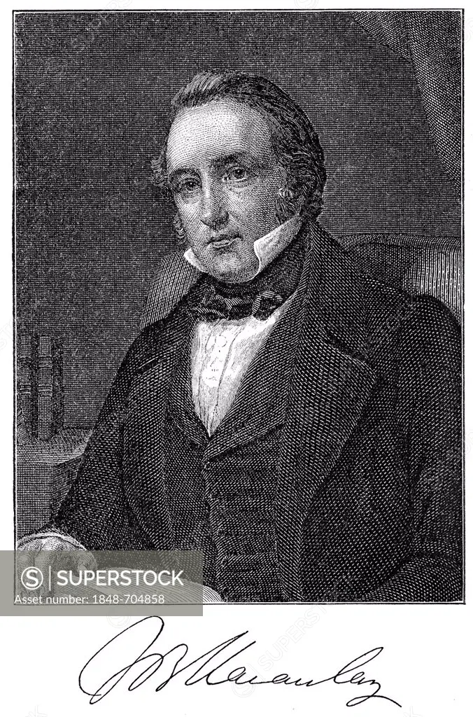 Historical engraving from 19th Century, portrait of Thomas Babington Macaulay, 1st Baron Macaulay of Rothley, 1800-1859, British historian, poet and p...