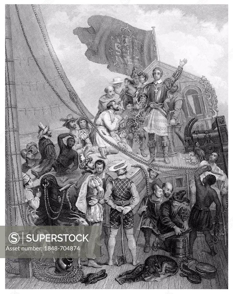 Copper engraving from the 19th Century, The Discovery of America in 1492 by the Genoese navigator Christopher Columbus, 1451-1506