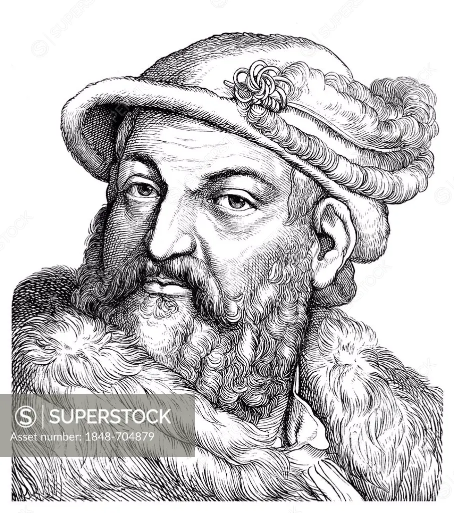 Historical drawing from the 19th Century, portrait of Joachim II Hector, 1505 - 1571, Elector of Brandenburg
