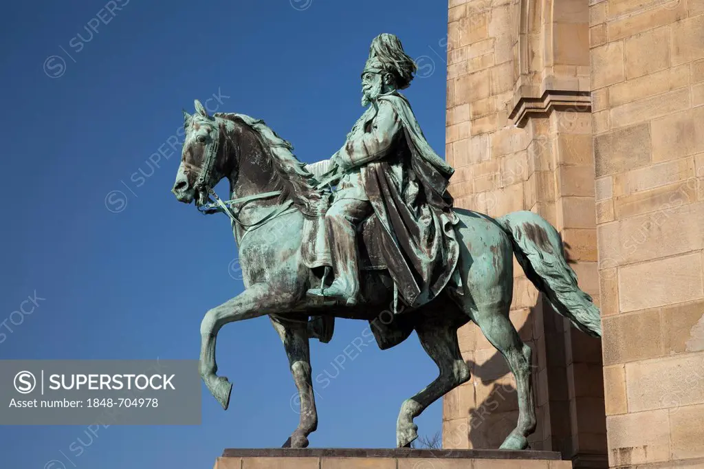 Equestrian statue of Kaiser Wilhelm, Kaiser Wilhelm Memorial, Hohensyburg, Syburg, Dortmund, Ruhr region, North Rhine-Westphalia, Germany, Europe, Pub...