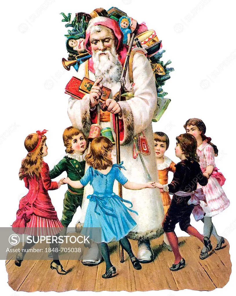 Children dancing around Santa Claus, historical illustration