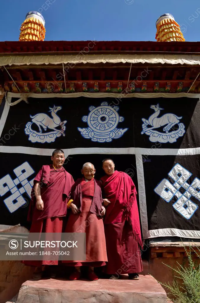 Three Buddhist nuns, one young nun, one middle-aged nun and one elderly nun, over 70 years, wearing red robes in front of the Tibetan Buddhist symbols...