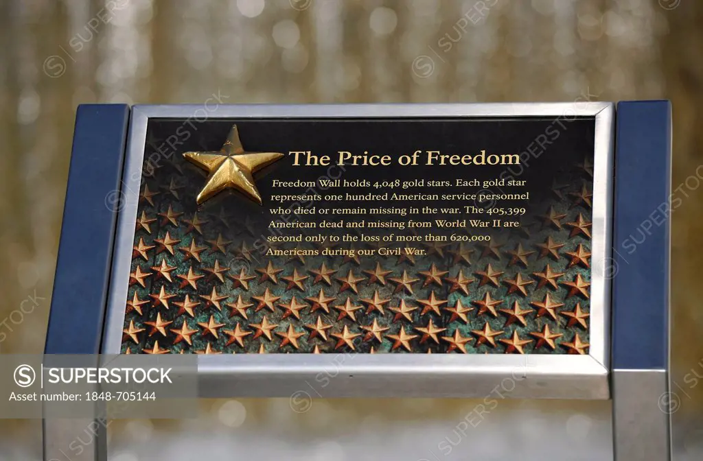 Panel in front of the Memorial Wall The Price of Freedom with 4048 stars in honour of U.S. soldiers, National World War II Memorial, WWII Memorial or ...