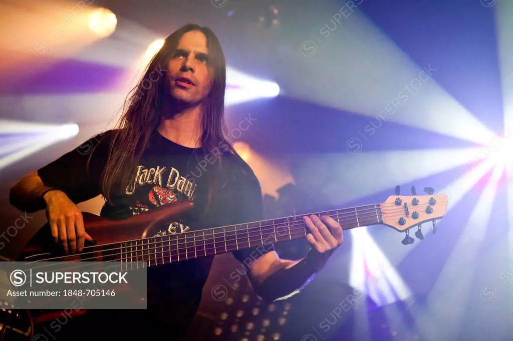 Bass guitarist of the U.S. heavy metal band Crimes of Passion, performing live at the Schueuer in Lucerne, Switzerland, Europe