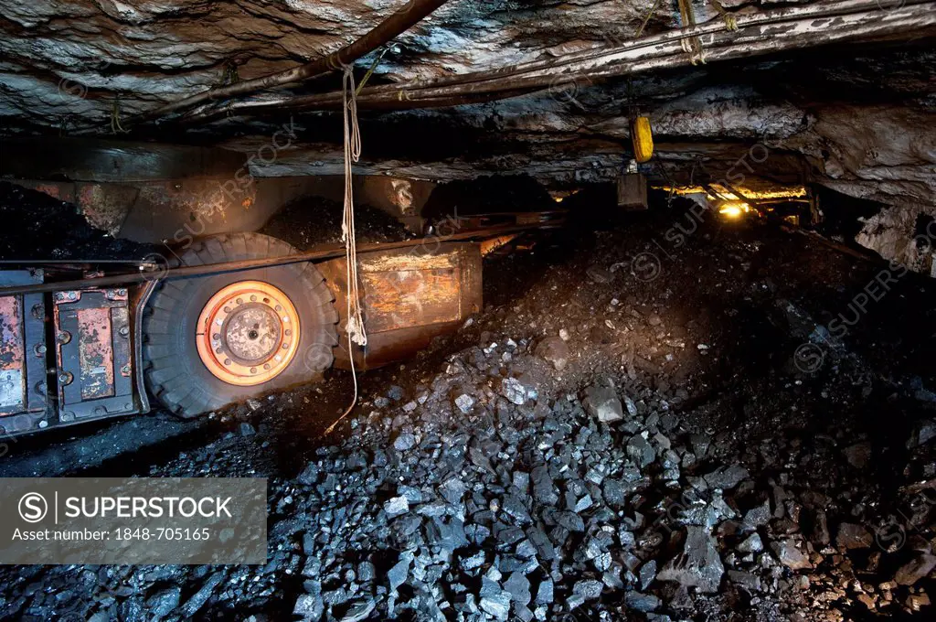Underground coal mining, transportation of coal to the conveyor belt, Gruve 7, Store Norske Kullkompaniet mine, Longyearbyen, Spitsbergen, Svalbard, N...