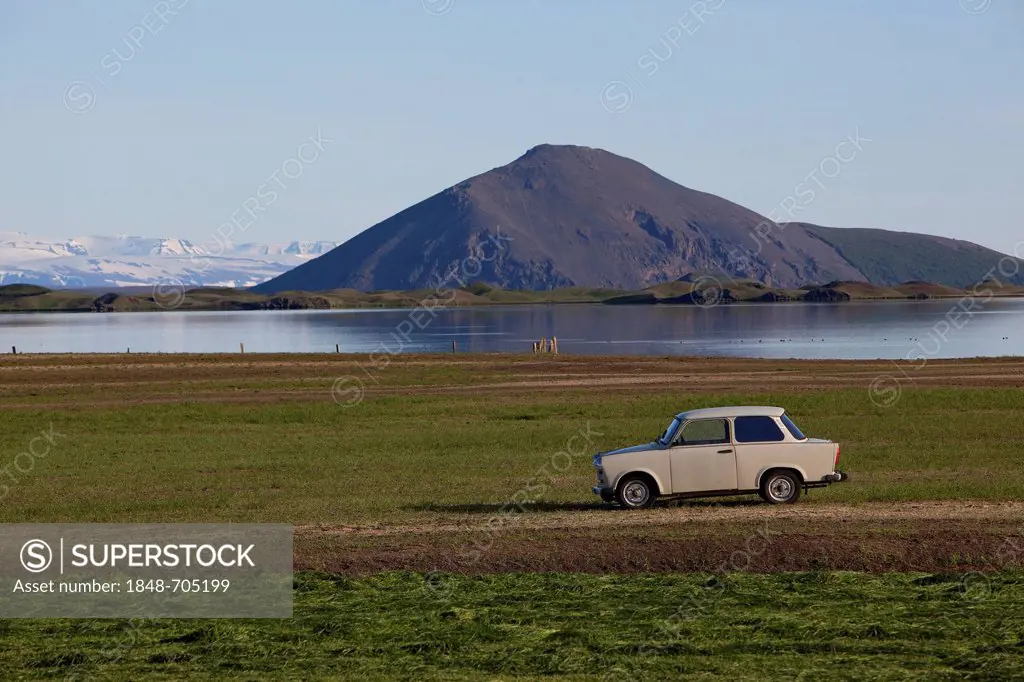 Trabant 601 on a meadow at Myvatn, Iceland, Europe