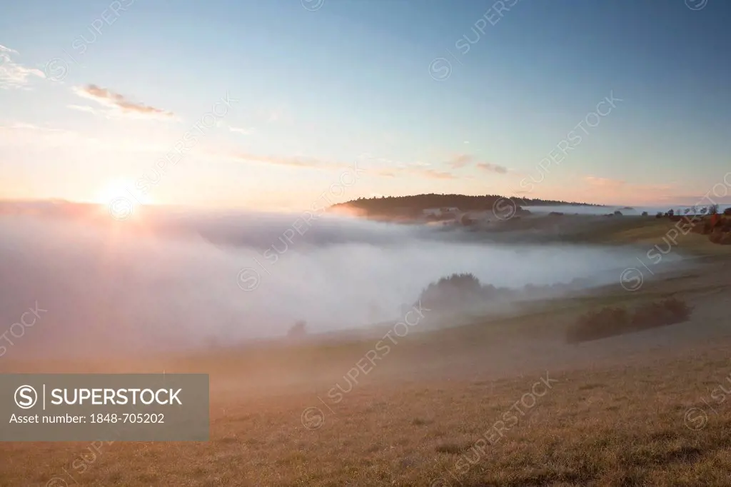 Fog line at sunset in the Hegau area, Lake Constance district, Baden-Wuerttemberg, Germany, Europe