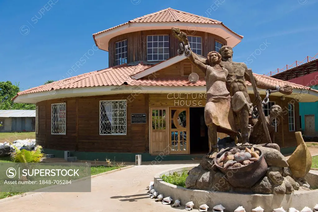 Culture House with a sculpture celebrating the abolishment of slavery, Big Corn Island, Caribbean Sea, Nicaragua, Central America