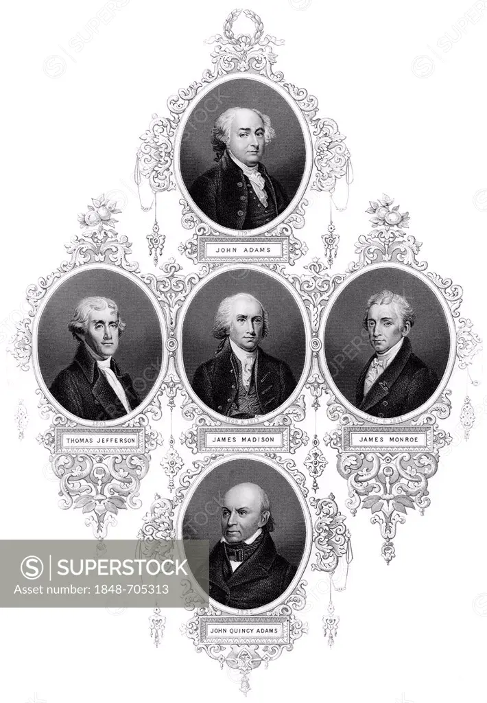 Copper engraving from the 19th Century, portaits of the presidents of the United States of America, 1797-1829, John Adams, Thomas Jefferson, James Mad...