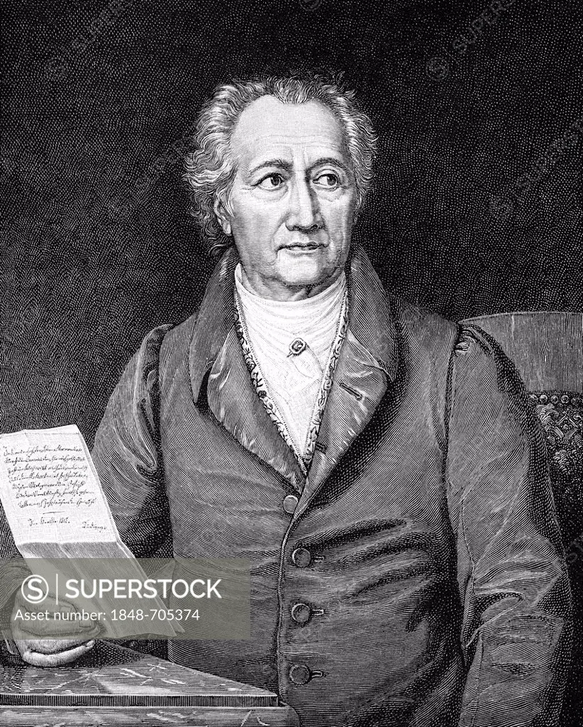 Historical illustration from the 19th century, portrait of Johann Wolfgang von Goethe, 1749 - 1832, a German poet