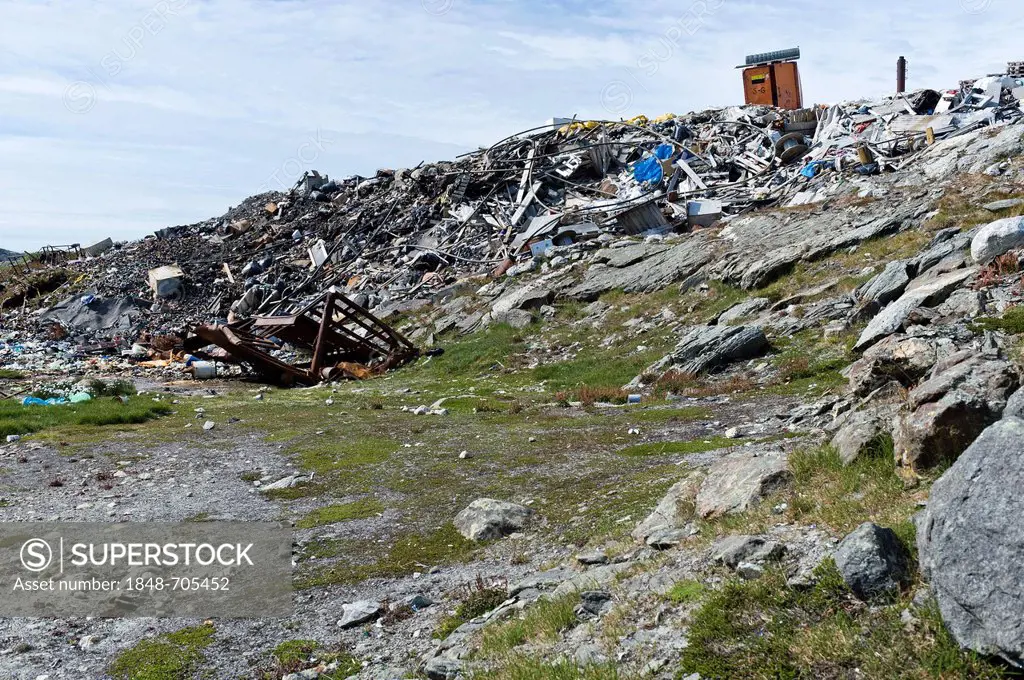 Garbage dump, Inuit settlement of Tiniteqilaaq, Sermilik Fjord, East Greenland, Greenland