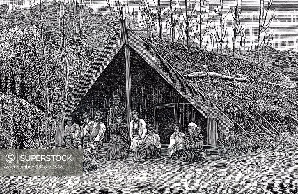 Maori hut, New Zealand, historic engraving from 19th Century, from book of I Solskin Hjemmet, Ung og Gammel, Battle Creek, Michigan, 1893