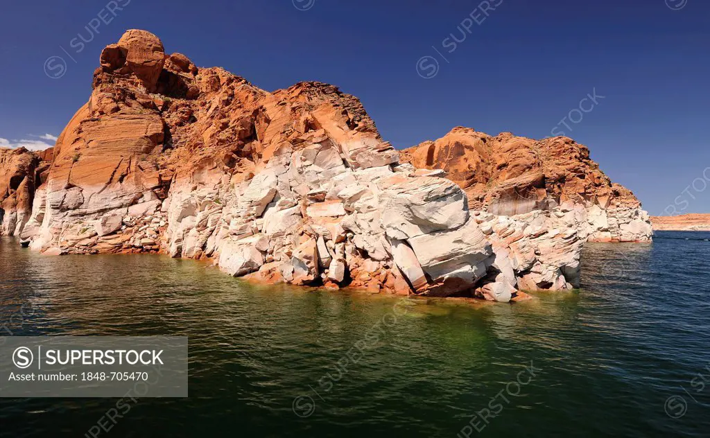 So-called bathwater line of the Navajo Canyon, from Lake Powell, showing peak water levels, Page, Navajo Nation Reservation, Arizona, United States of...