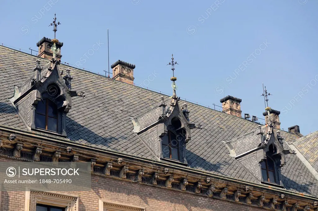 Historic gabled roof with slate tiles on Prague Castle, Hradcany, Prague, Bohemia, Czech Republic, Europe