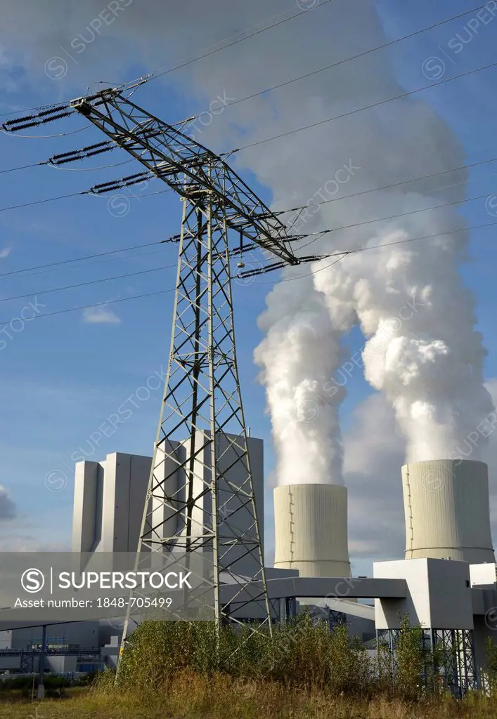 High voltage power lines at the lignite-fired power station at Lippendorf, Saxony, Germany, Europe