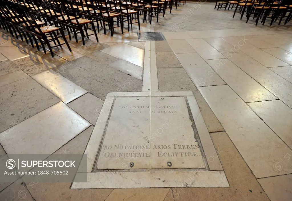 Floor markings and brass rail marking the Meridian Line inside the Catholic parish church of Saint-Sulpice de Paris, Saint-Germain-des-Prés, Paris, Fr...