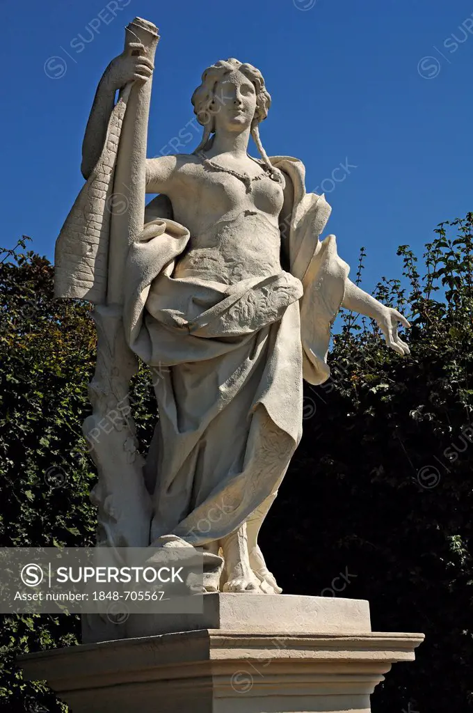 Female statue with a roll, Unteres Schloss Belvedere palace, character from the Graeco-Roman mythology, Rennweg street, Vienna, Austria, Europe