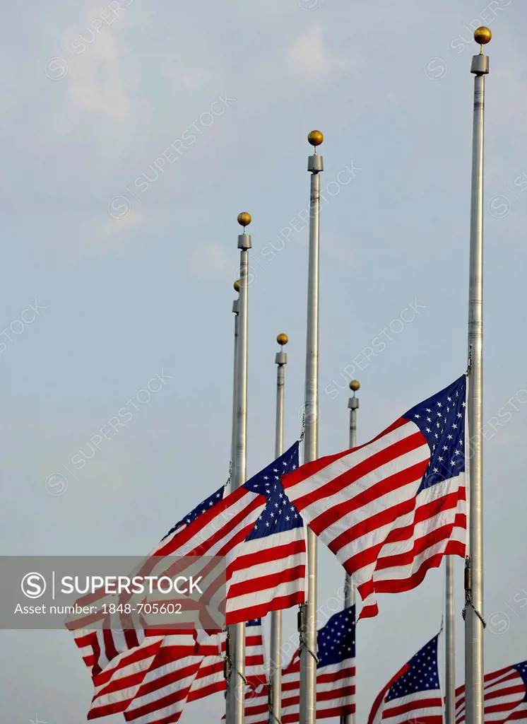 U.S. flags at half mast, Washington National Monument, obelisk, Washington DC, District of Columbia, United States of America, PublicGround