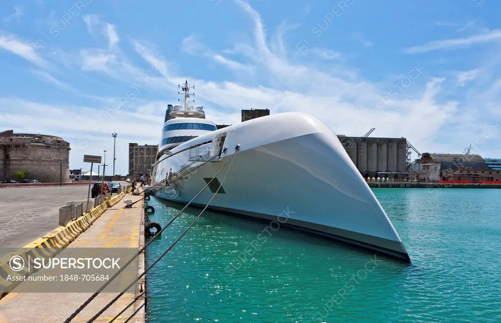 Mega yacht belonging to the billionaire Andrei Melnichenko, designed by Philippe Starck, in the port of Civitavecchia, Rome, Italy, Europe