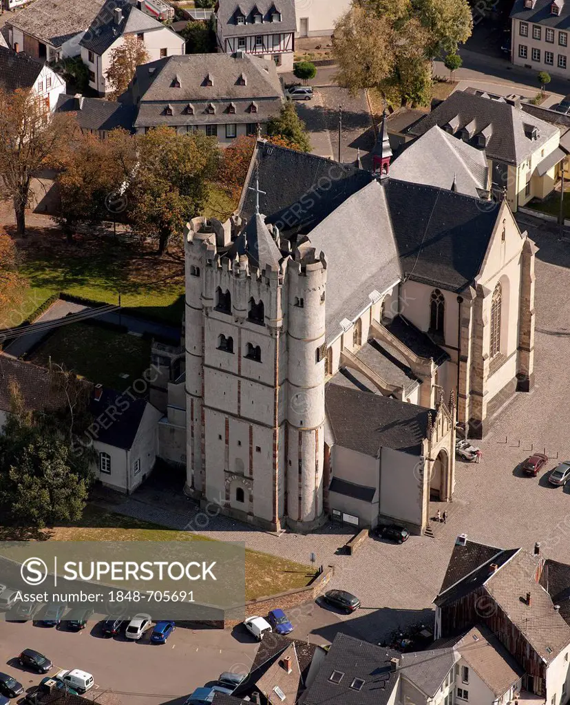 Aerial view, Collegiate Church of St. Martin and St. Severus, Muenstermaifeld, Eifel mountain range, Rhineland-Palatinate, Germany, Europe