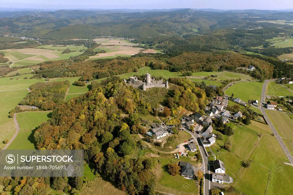 Aerial view, Nuerburg castle ruin, Nuerburg, Eifel mountain range, Rhineland-Palatinate, Germany, Europe