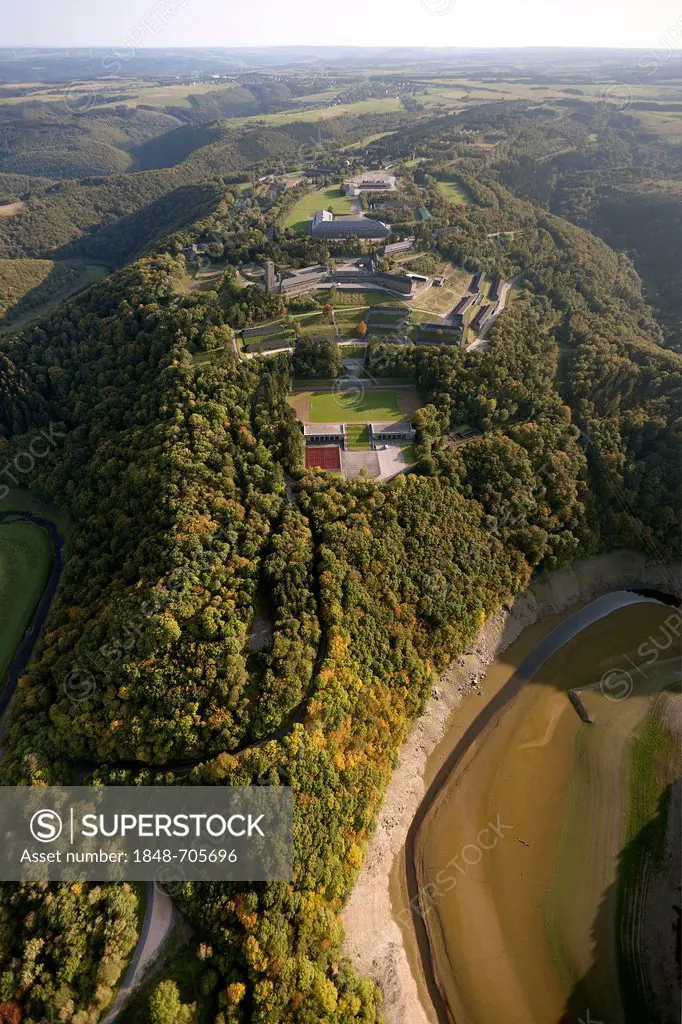 Aerial view, Ordensburg Vogelsang, a former national socialist estate on Urfttalsperre dam, Euskirchen, Eifel mountain range, North Rhine-Westphalia, ...