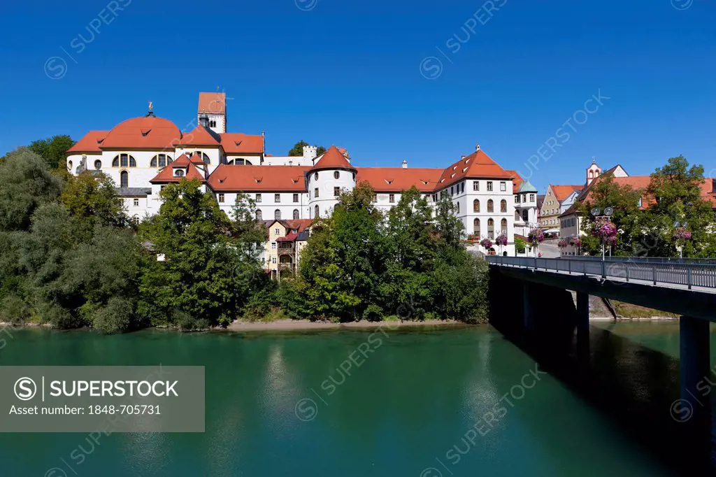 The monastery of St. Mang, a former Benedictine monastery in the diocese of Augsburg, Lech river, Fuessen, Ostallgaeu, Allgaeu, Swabia, Bavaria, Germa...