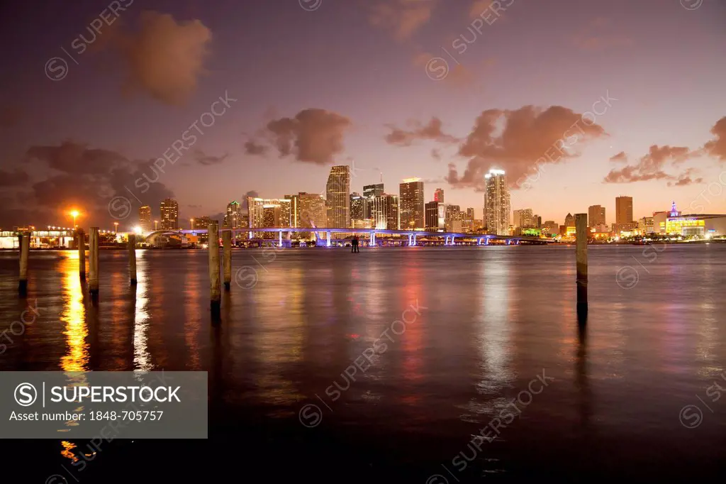 The illuminated skyline of downtown Miami, Florida, USA